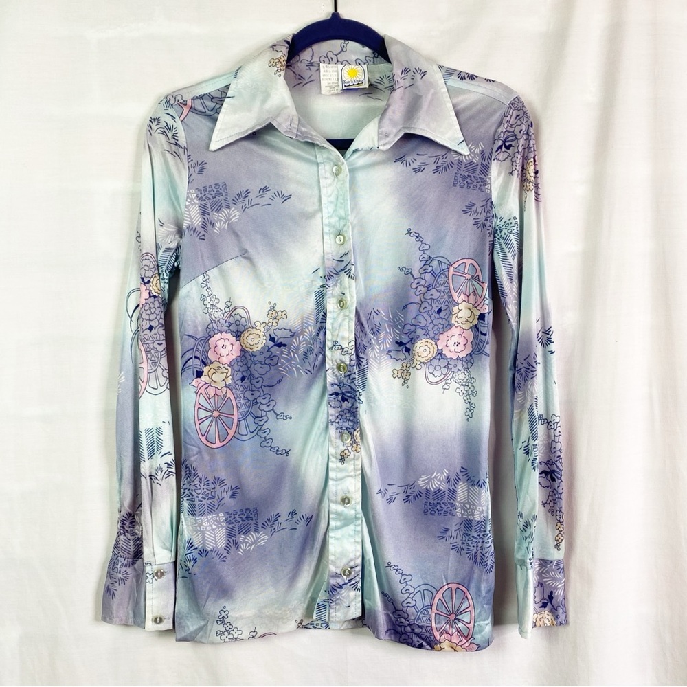 Sun N Sand Vintage 70s Purple Turquoise Pink Floral Nylon Western Shirt Sm/Med